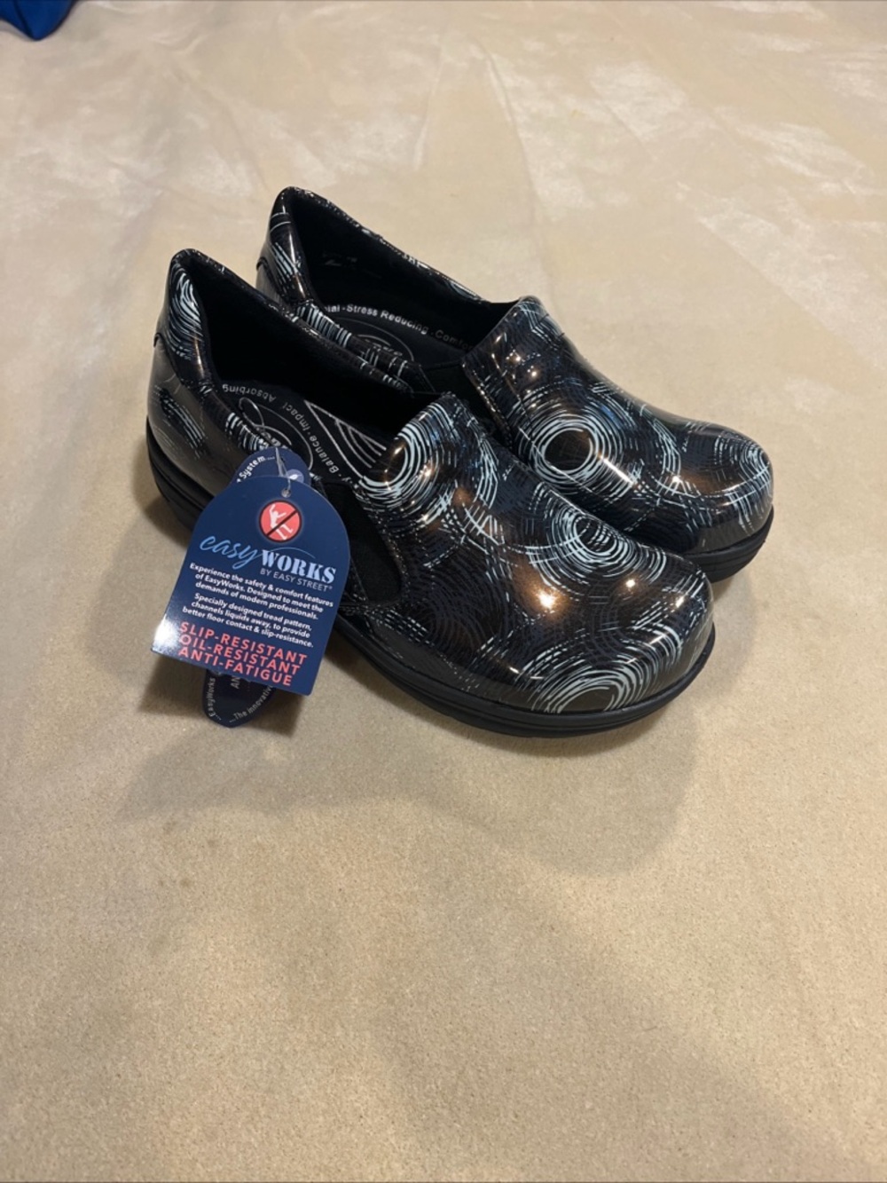 Easy Works Black Patterned Slip-On Comfort Clogs Size 7W